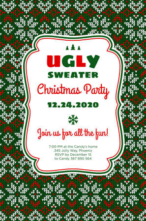 Ugly sweater Merry Christmas party ornamental invitation. Vector illustration Handmade knitted background pattern with snowflake, scandinavian ornament.のイラスト素材