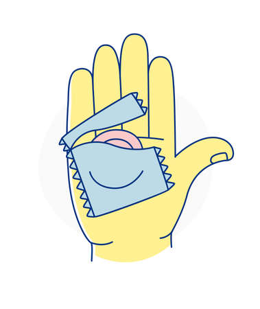 Sexual Health. Safe Sex education poster banner icon. Hand holding condom. Vector illustration doodles, line art style designのイラスト素材