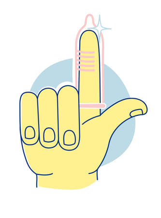Sexual Health. Safe Sex education poster banner icon. Hand holding condom. Vector illustration doodles, line art style designのイラスト素材