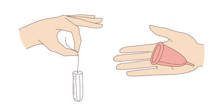 Women hygiene supplies for menstruation: tampons, menstrual cup. Vector illustration doodle icons in thin line art sketch styleのイラスト素材