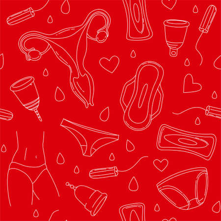 Women hygiene supplies for periods menstruation, underpants, pads, tampons, menstrual cup. Uterus and woman body. Vector illustration seamless pattern doodle icons in thin line art sketch styleのイラスト素材