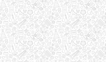 Preschool kindergarten line vector illustration seamless pattern. Educational toys doodle drawing. Thin line icons flat styleのイラスト素材
