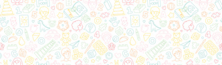 Preschool kindergarten line vector illustration seamless pattern. Educational toys doodle drawing. Thin line icons flat styleのイラスト素材