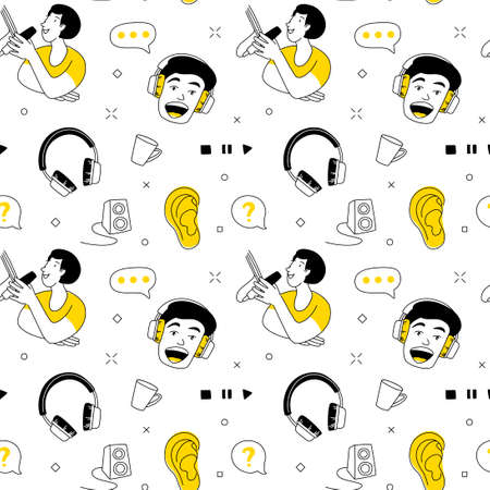 Radio host flat vector illustration seamless pattern. Media hosting doodle drawing. Podcast speaking to mic microphone, broadcaster at workspace isolated cartoon character. Thin line flat styleのイラスト素材