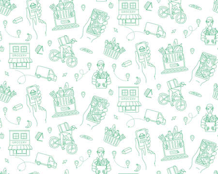 Mobile app to order grocery. Courier delivering goods from the online shop. Basket of food. Seamless pattern. Vector illustration doodles, thin line art sketch style conceptのイラスト素材
