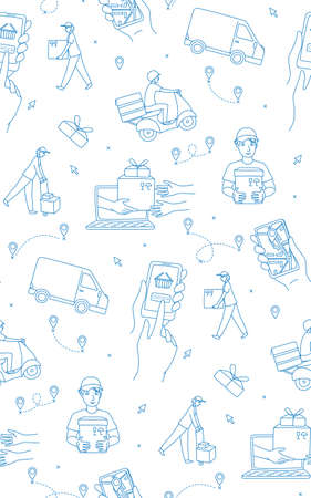 Mobile app with a navigator to track the courier delivering order from the online shop. Seamless pattern background. Vector illustration doodles, thin line art sketch style concept. Blue and whiteのイラスト素材