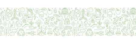 No plastic, go green, Zero waste concepts. Reduce, reuse, refuse, Reycle, Rot ecological lifestyle and sustainable development. Linear icons style illustration seamless pattern border doodle drawing.のイラスト素材