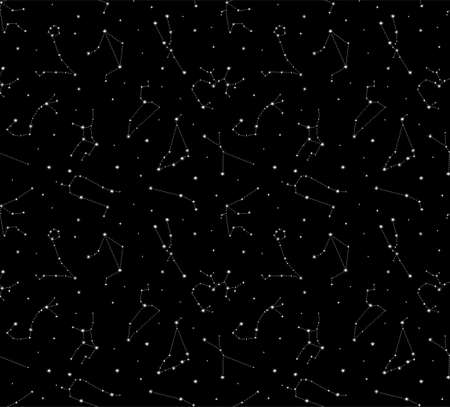 Starry sky with constellations of astrology zodiac signs. Vector illustration doodles seamless pattern, thin line art sketch style concept. Black and white clipartのイラスト素材