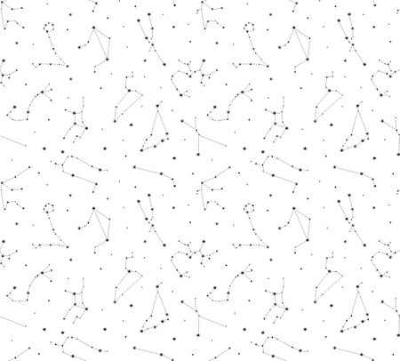 Starry sky with constellations of astrology zodiac signs. Vector illustration doodles seamless pattern, thin line art sketch style concept. Black and white clipartのイラスト素材