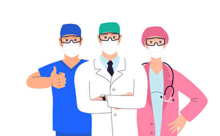 Healthcare professionals banner template. Hand drawn group of doctors and nurses isolated on white background. Medical team workers wearing face mask. Hospital heroes vector flat illustrationのイラスト素材