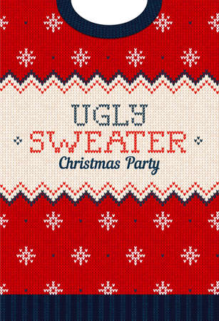 Ugly sweater Christmas Greeting Card X-mas 2022 Happy New Year. Vector illustration knitted background pattern scandinavian ornaments. White, red, blue colors knitting. Flat styleのイラスト素材
