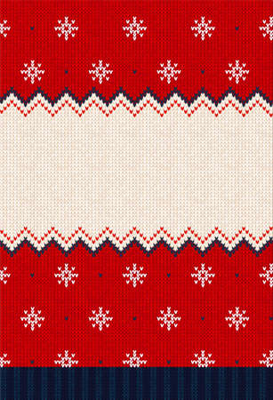 Ugly sweater Christmas Greeting Card X-mas 2022 Happy New Year. Vector illustration knitted background pattern scandinavian ornaments. White, red, blue colors knitting. Flat styleのイラスト素材