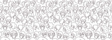 Decorative diverse women men wearing medical mask head seamless pattern background. Multiethnic team group crowd community. Hand drawn line drawing doodle colored vector illustration posterのイラスト素材