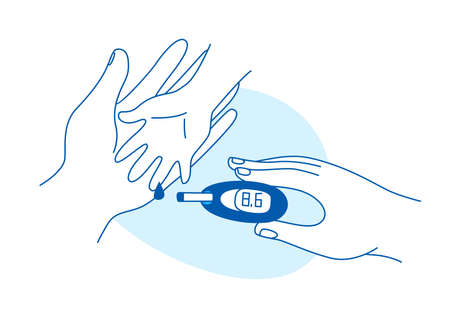 Diabetes in children line vector illustration. Mother help sugar test diabetes kid, blood sugar meter doodle style drawing. Diabetic patient line iconsのイラスト素材