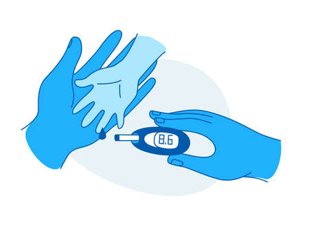 Diabetes in children line vector illustration. Mother help sugar test diabetes kid, blood sugar meter doodle style drawing. Diabetic patient line iconsのイラスト素材