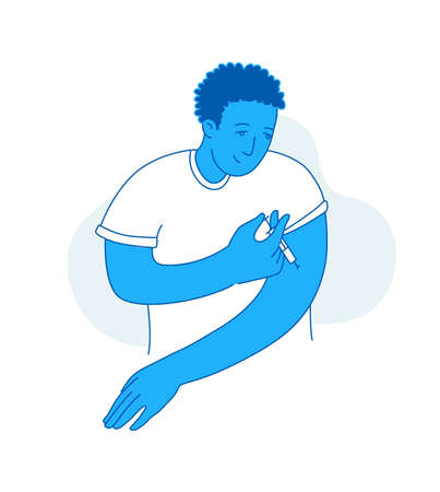Young man doing insulin injection syringe, close-up. Diabetic patient with insulin syringe for control diabetes. Doodle style drawingのイラスト素材