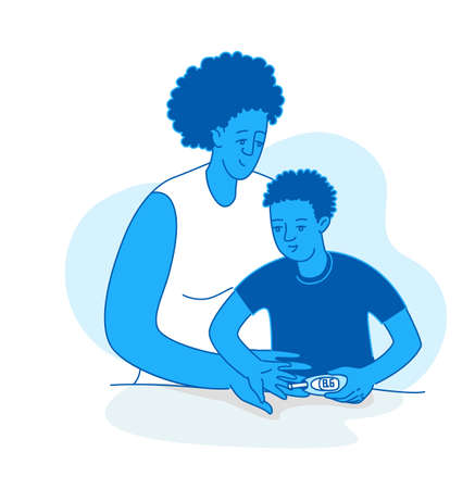 Diabetes in children line vector illustration. Mother help sugar test diabetes boy, blood sugar meter doodle style drawing. Diabetic patient line iconsのイラスト素材