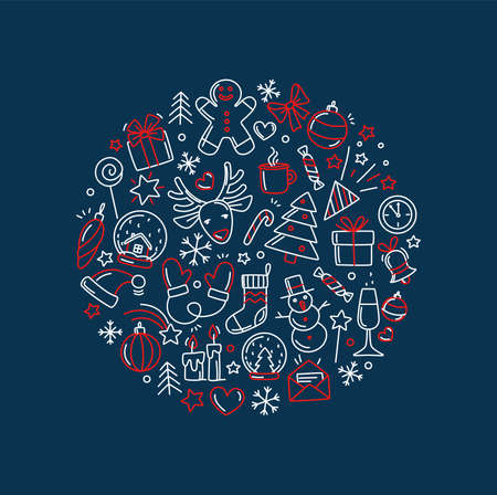 Merry Christmas Happy New Year background pattern. Vector illustration doodles, thin line art sketch icons style conceptのイラスト素材