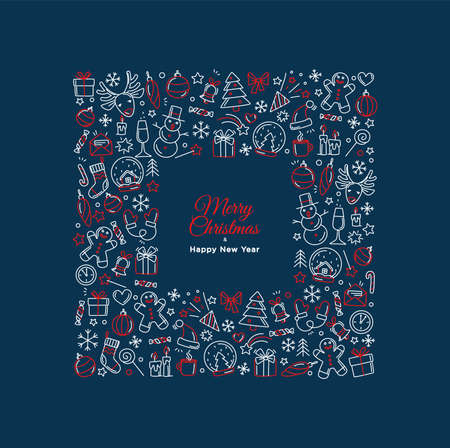 Merry Christmas Happy New Year background frame border pattern. Vector illustration doodles, thin line art sketch icons style conceptのイラスト素材