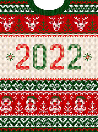 Ugly sweater Christmas Greeting Card X-mas 2020 Happy New Year. Vector illustration knitted background pattern scandinavian ornaments. White, red, green colors knitting. Flat styleのイラスト素材