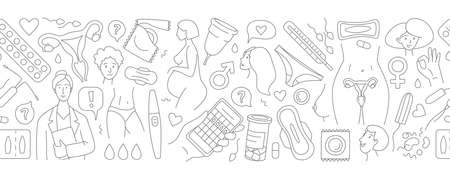 Women health, hygiene and contraception seamless background pattern. Vector illustration doodles thin line art sketch style conceptのイラスト素材