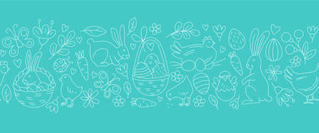 Funny Happy Easter seamless pattern background greeting card with rabbit, bunny, chicks and flowers,...