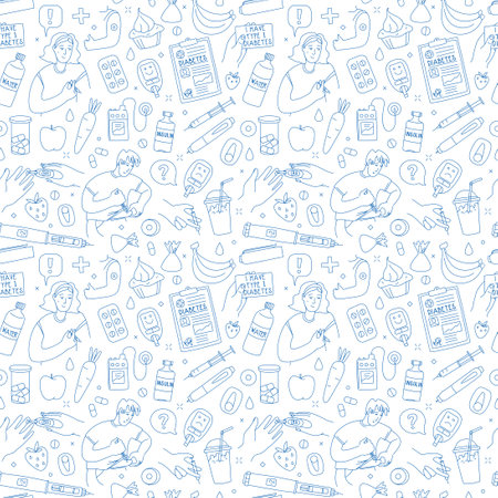 Diabetes in people injecting man woman, line vector illustration seamless pattern. Hands injecting, diabetes, insulin kit pen, pump, blood sugar meter doodle style drawing. Diabetic patient line iconsのイラスト素材