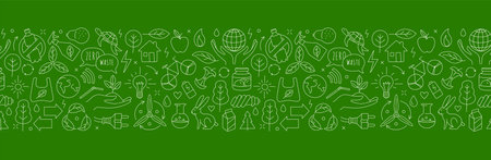 No plastic, go green, Zero waste concepts. Reduce, reuse, refuse, Reycle, Rot ecological lifestyle and sustainable development. Linear icons style illustration seamless pattern border doodle drawing.のイラスト素材