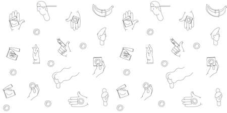 Sexual Health. Say Yes to Safe Sex seamless pattern background icons set for teens, teenagers. Hands holding condoms. Vector illustration doodles, line art style design. Black and whiteのイラスト素材
