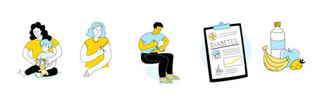 Diabetes in children line vector illustration. Parents mother blood test son boy, insulin kit pen,...