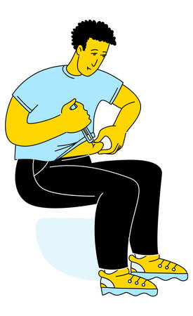 Young man doing insulin injection syringe, close-up. Diabetic patient with insulin syringe for control diabetes. Doodle style drawingのイラスト素材