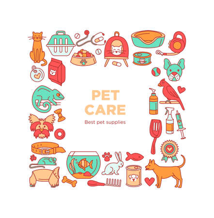 Pet store dogs, cats, birds, other domestic animals square patternのイラスト素材