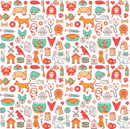 Pet store dogs, cats, birds, other domestic animals seamless patternのイラスト素材