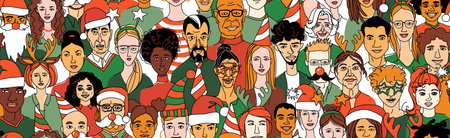 Christmas New Year Party. Young, middle age, senior women men children seamless pattern background.