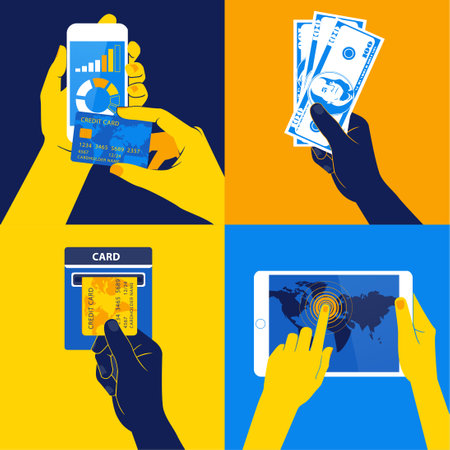 Vector Illustration of Icon set with Hands holding credit card, smartphone, money and other commercial objects. Flat design style. Blue and yellow colorsのイラスト素材