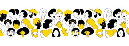 Decorative diverse women men head seamless pattern background border. Multiethnic team gruop crowd community. Hand drawn grunge line drawing doodle colored vector illustration posterのイラスト素材
