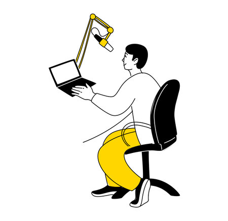 Radio host doodle drawing. Female podcaster speaking to mic microphoneのイラスト素材