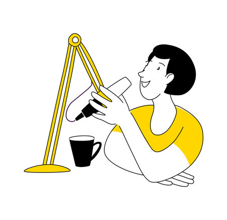 Radio host doodle drawing. Female podcaster speaking to mic microphoneのイラスト素材