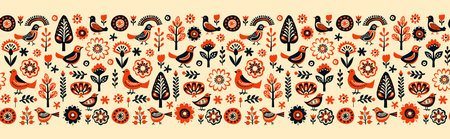Simple minimalist Scandinavian seamless pattern with birds and flowersのイラスト素材