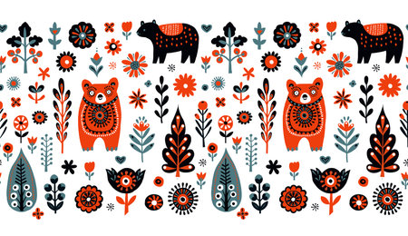 Simple minimalist Scandinavian seamless pattern with bears, christmas forest, flowers