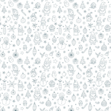 Christmas Doodle Seamless Pattern Santa Claus, Snowmen, Hot Chocolate Festive Holidayのイラスト素材