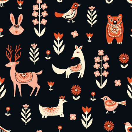 Whimsical Nordic Wildlife Seamless Patternのイラスト素材