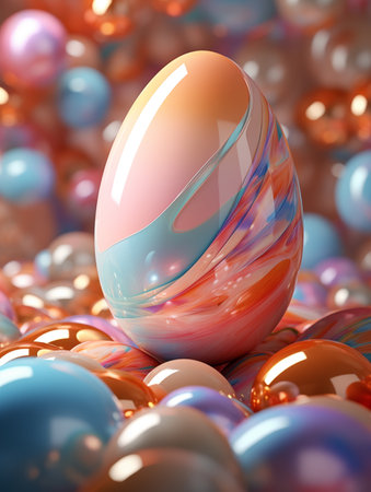 Easter eggs rendered in a high-definition 3D illustration, marble texture, glossy eggs, soft pastel shades. Luxurious festive feel. Perfect for greeting card, Easter-themed marketing, event invitations, holiday sales promotions, website banners, social media postsの素材