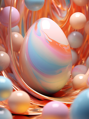 Easter eggs rendered in a high-definition 3D illustration, marble texture, glossy eggs, soft pastel shades. Luxurious festive feel. Perfect for greeting card, Easter-themed marketing, event invitations, holiday sales promotions, website banners, social media postsの素材