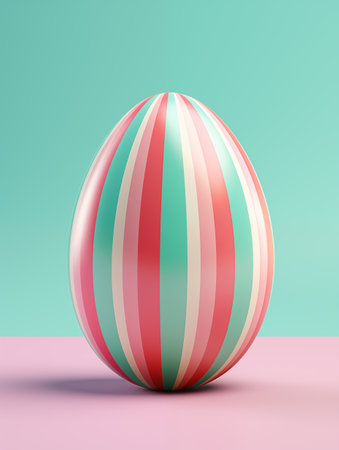 3D illustration of a glossy, striped Easter egg in soft pastel colors, ideal for Easter greeting cards, web graphics, or spring-themed promotions. Its modern look suits both digital and print use.の素材