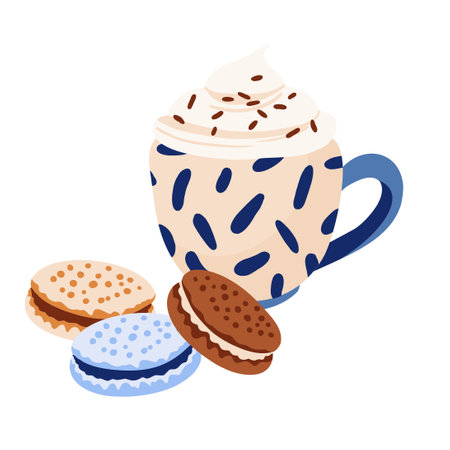 Pastel Blue and Beige Coffee Cup with Macarons.のイラスト素材