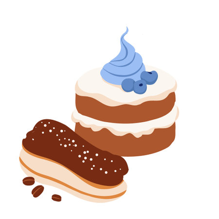Pastel Blue and Beige desserts eclair, cupcake, biscuit, pie. Vector flat design Illustration,