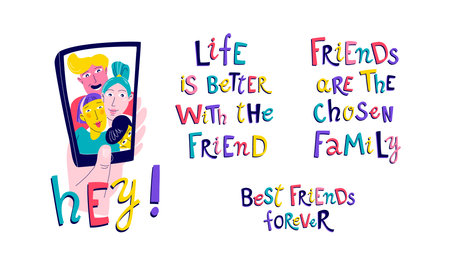 Friendship Celebration Selfie Illustration in Vibrant Hand-Lettering Style for Greeting Cards and Posters. Vector illustration, flat style design vibrant colorsのイラスト素材