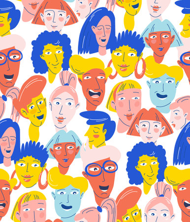 Vibrant Cartoon Faces Collage in Pop Art Style. Diverse Faces Seamless Pattern in Bold vibrant Colors for Creative Design, Social Media Content and Marketing. Vector illustration, flat style designのイラスト素材