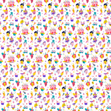 Festive Birthday Diverse Cartoon Characters and Party Elements Seamless Patternのイラスト素材